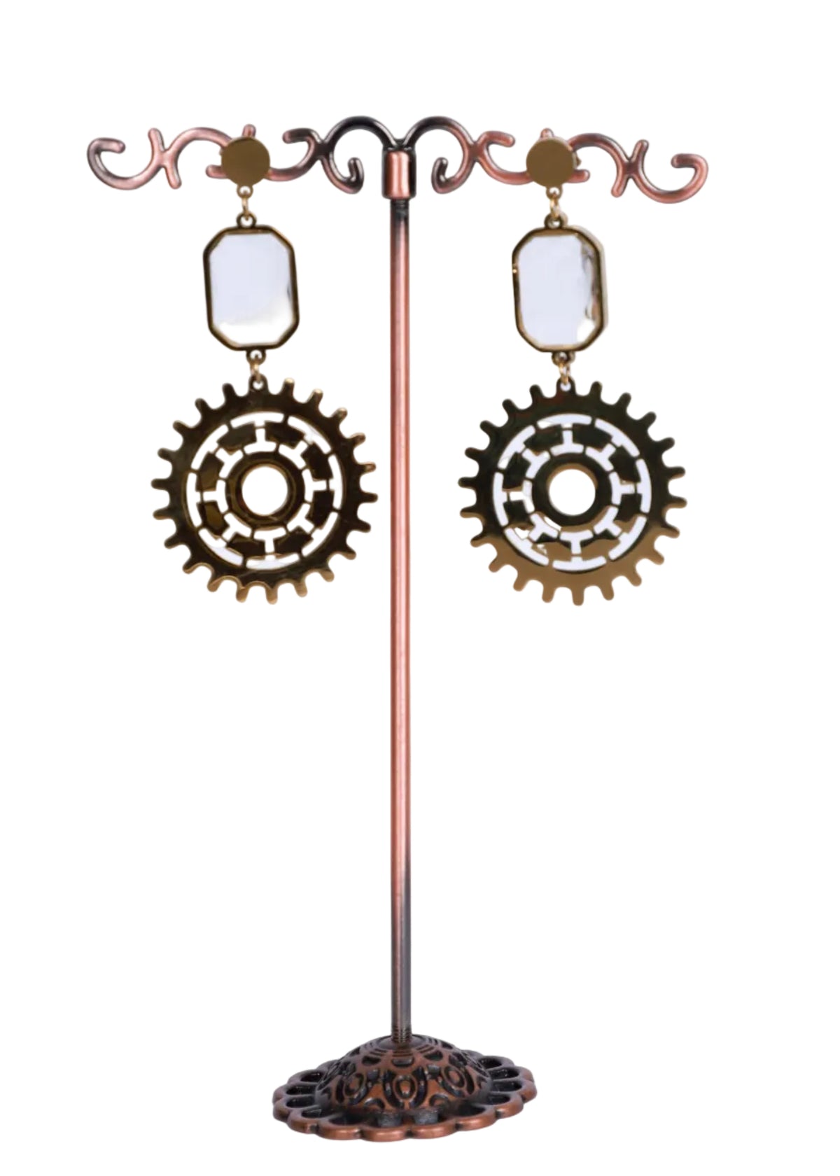 Steampunk-style drop earrings. Each earring has a rectangular top section and a larger circular gear-shaped dangling piece with cutout detailing.
