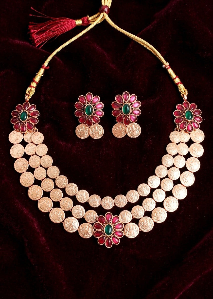 3 layer kasumala (coin chain) with ruby and emerald green stones