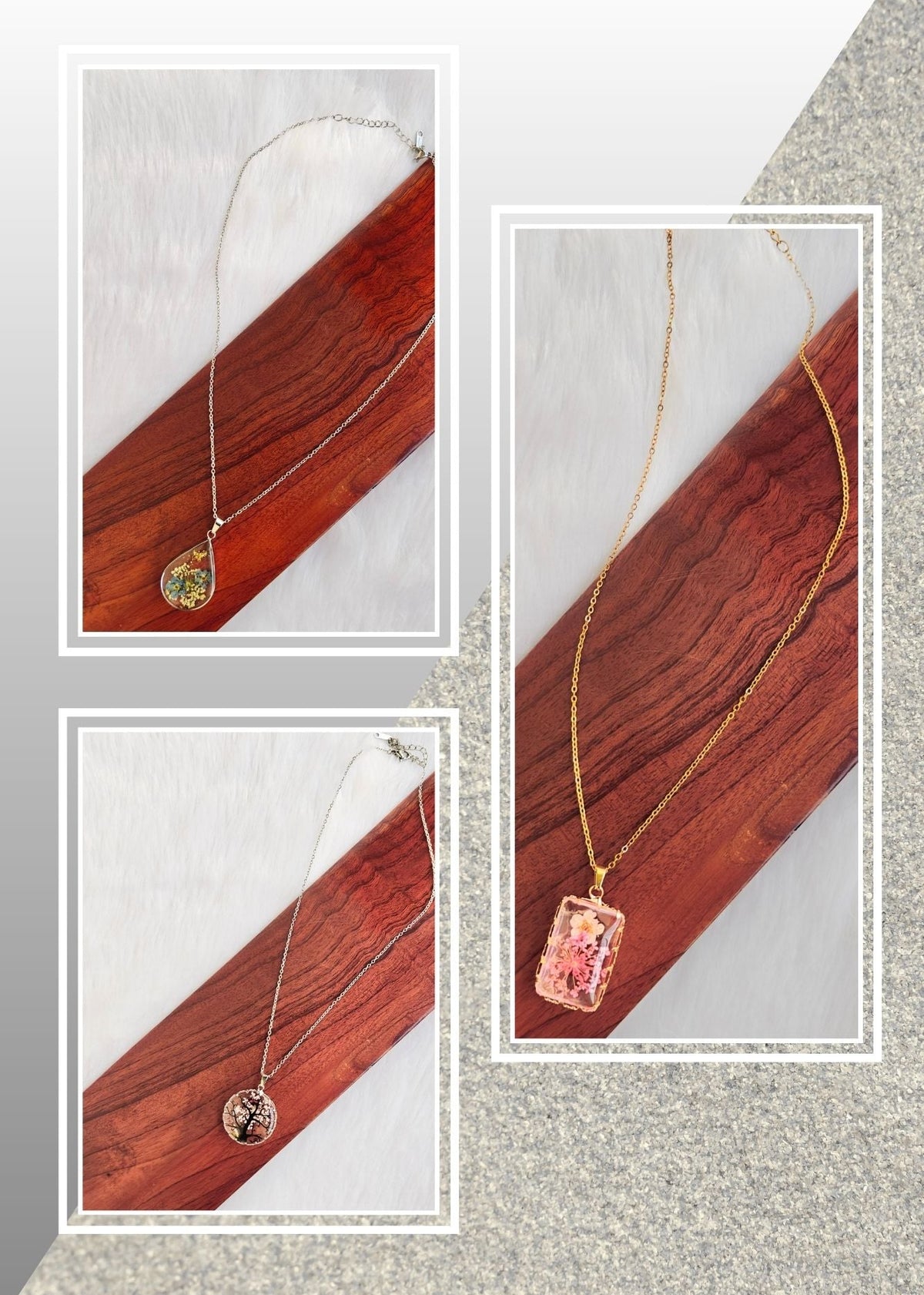 Collage of 3 anti tarnish necklace styles. The necklaces include a silver chain with a round green pendant, a silver chain with a oval pendant, and a gold chain with a rectangular pink pendant.