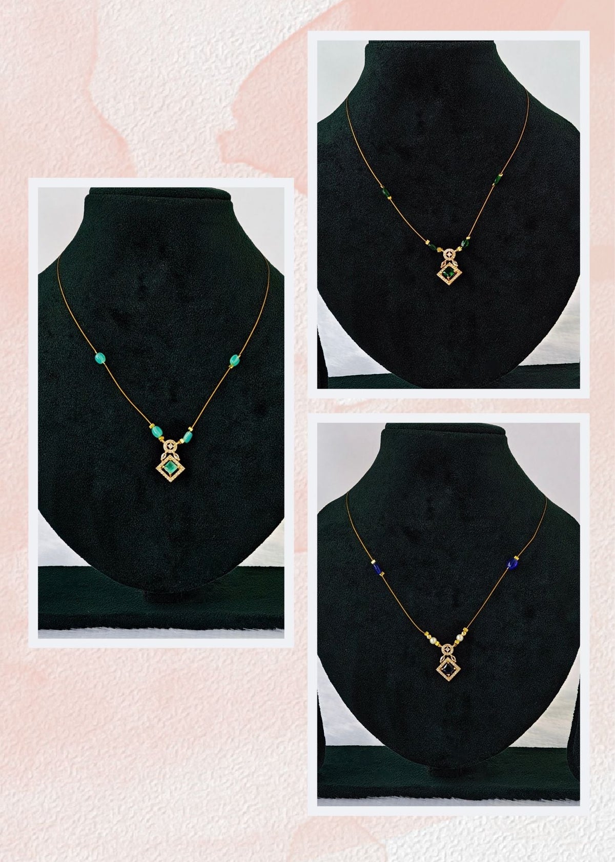 Three invisible gold necklace displayed on black velvet jewelry busts against a light pink textured background. The necklace features a geometric pendant with green and gold details, and small turquoise and purple beads on the chain.