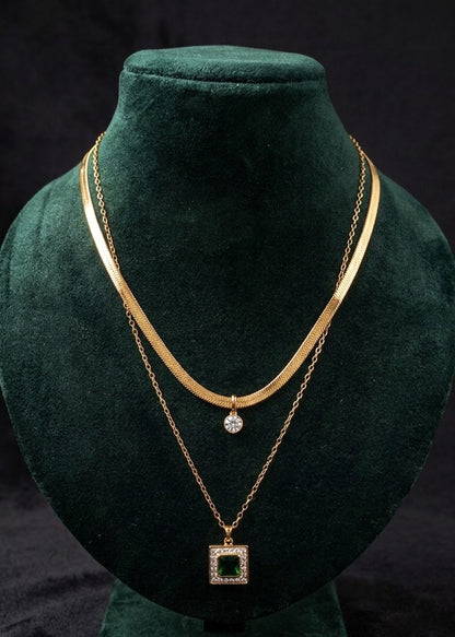 Anti tarnish golden double layer necklace with green and white stone pendant
