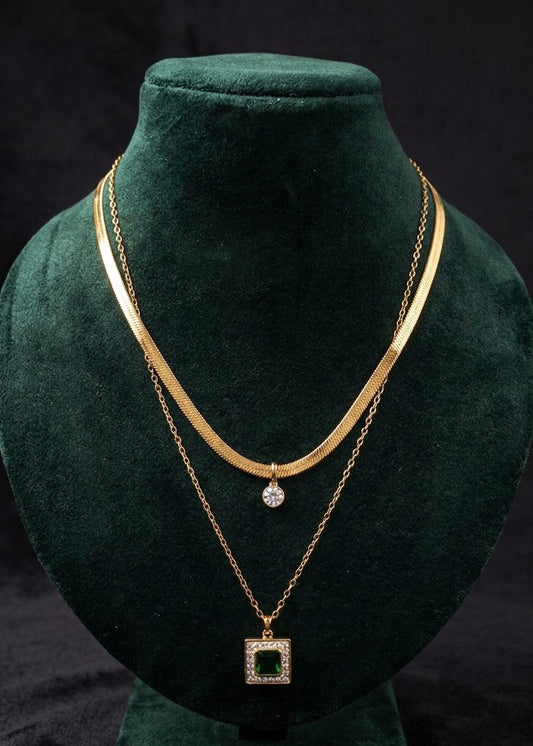 Anti tarnish golden double layer necklace with green and white stone pendant