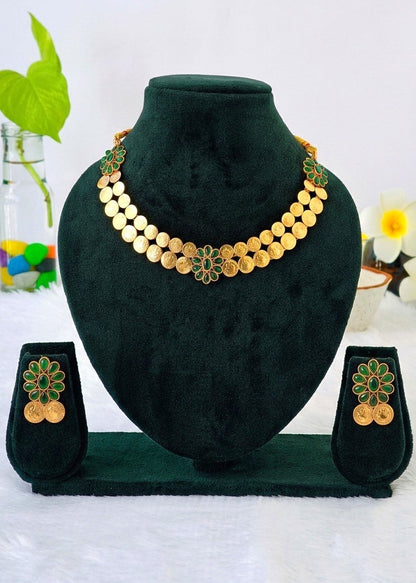 2 layer coin necklace with emerald green stones and matching earrings