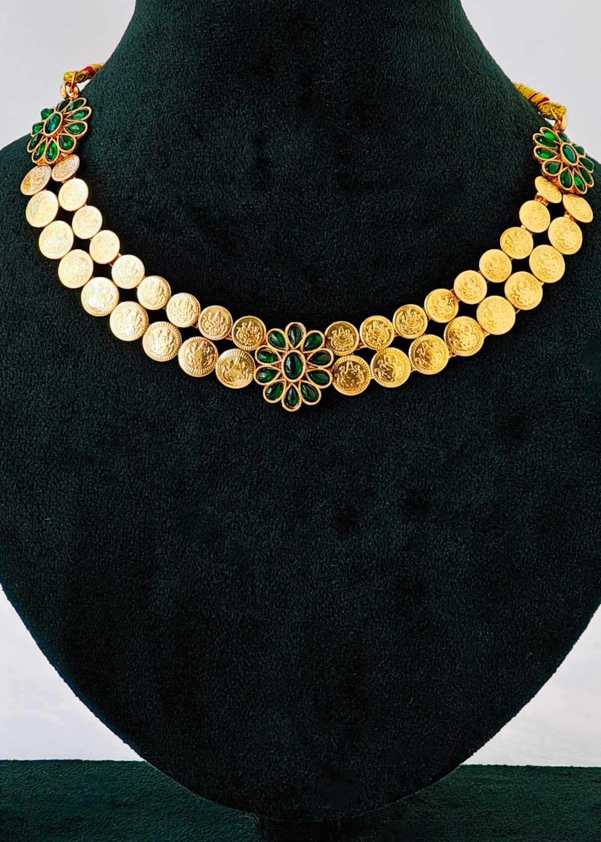 2 layered traditional kerala designed Kasumala with emerald green stones