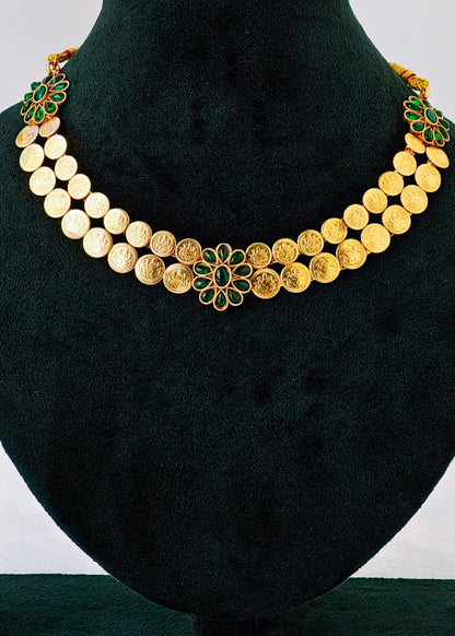 2 layered traditional kerala designed Kasumala with emerald green stones