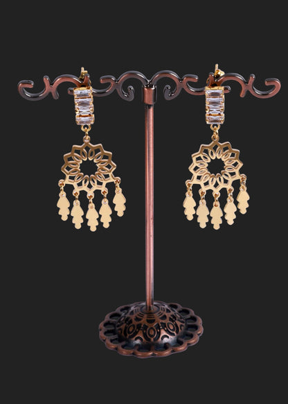 A pair of anti-tarnish gold-toned dangle earrings with clear rectangular stones at the top and dangling floral cutout motifs with small bead drops.