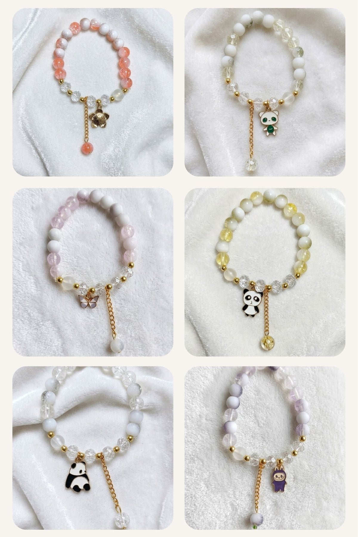 Six beaded charm bracelets arranged in a 3x2 grid on a white textured fabric background. Each bracelet features white pearl-like beads, gold-tone chain details, and a small dangling charm: a peach flower, a green panda, a pink flower, a yellow panda, a black-and-white panda, and a purple owl.