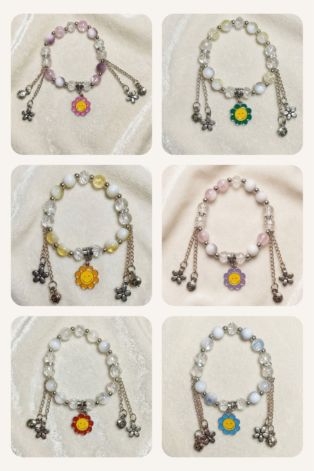 Six beaded charm bracelets arranged in a 3x2 grid on a soft cream fabric background. Each bracelet features white pearl-like beads, silver-toned chains, dangling flower charms, and small star charms.