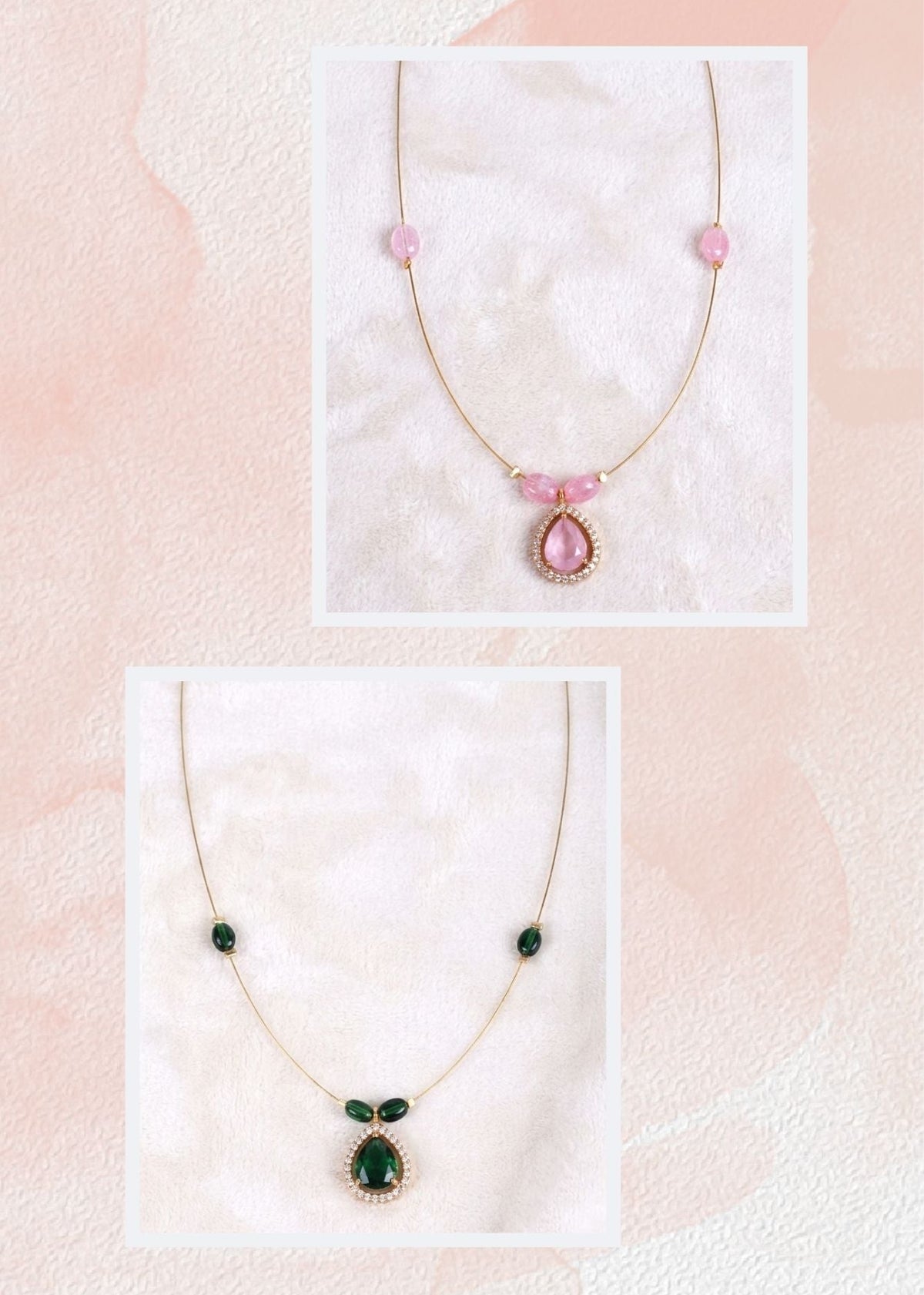 Two delicate gold necklaces displayed on a soft pink and white background. The top necklace features light pink stones, while the bottom necklace features dark green stones.